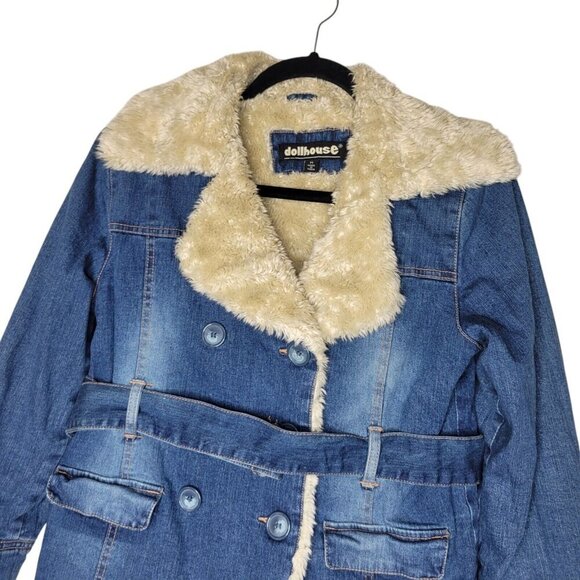 Dollhouse Penny Lane Jean Jacket Womens M Blue Denim Sherpa Lined Stretch Retro - Picture 4 of 12